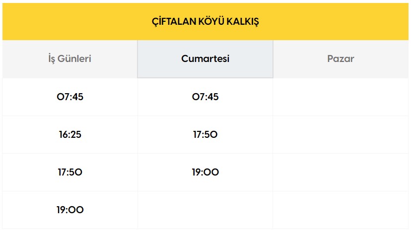 Çiftalan Mahallesi Otobüs Saatleri 2023