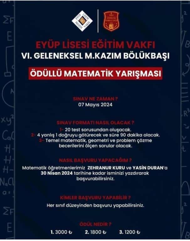 Eyüp Lisesi Eğitim Vakfı VI. Geleneksel M.Kazım Bölükbaşı Ödüllü Matematik Yarışması 